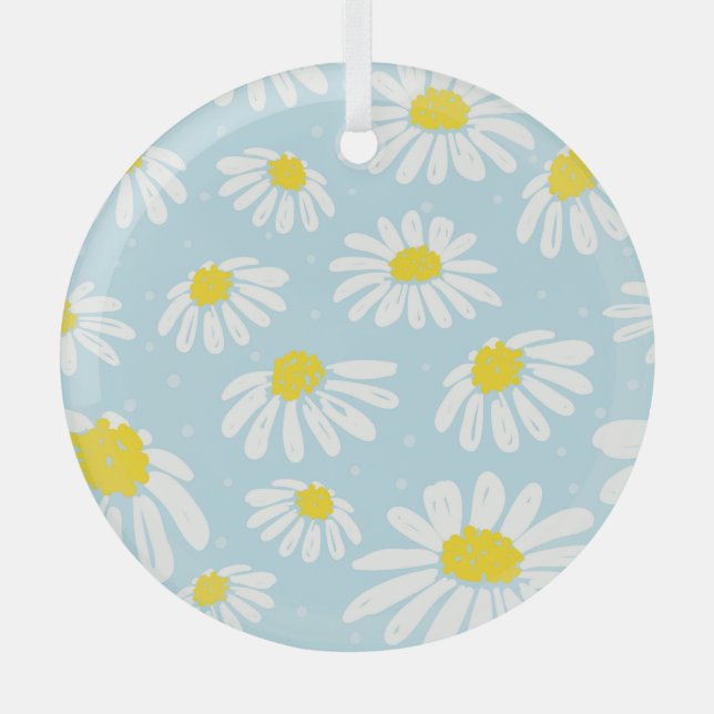 White Daisy Blue Background Seamless Glass Tree Decoration (Front)