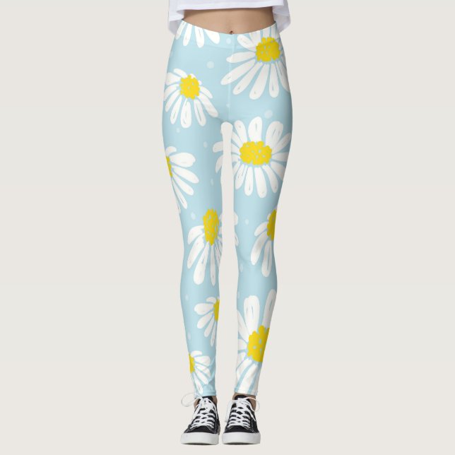 White Daisy Blue Background Seamless Leggings (Front)