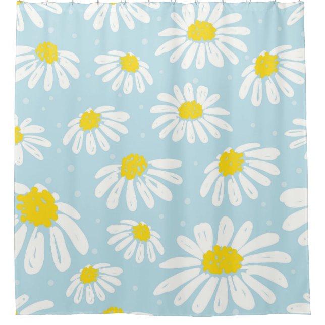 White Daisy Blue Background Seamless Shower Curtain (Front)
