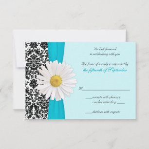 White Daisy Blue Black Damask Wedding Reply Card