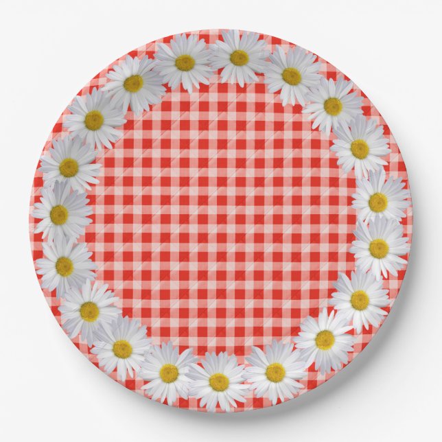 White Daisy Border On Gingham Paper Plate (Front)