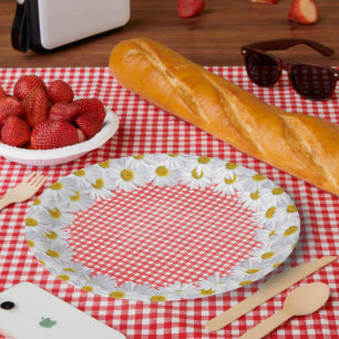 White Daisy Border On Gingham Paper Plate