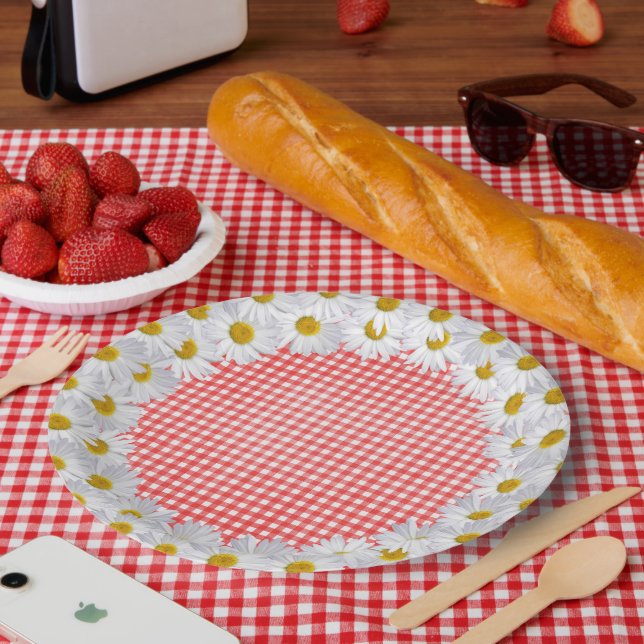 White Daisy Border On Gingham Paper Plate (Picnic)