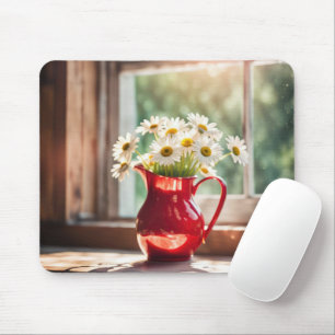 White Daisy Bouquet In Red Pitcher Mouse Mat