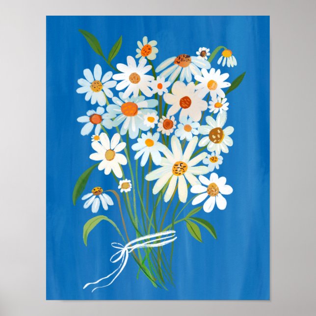 White Daisy Bouquet on Blue Gouache Painting Art Poster (Front)