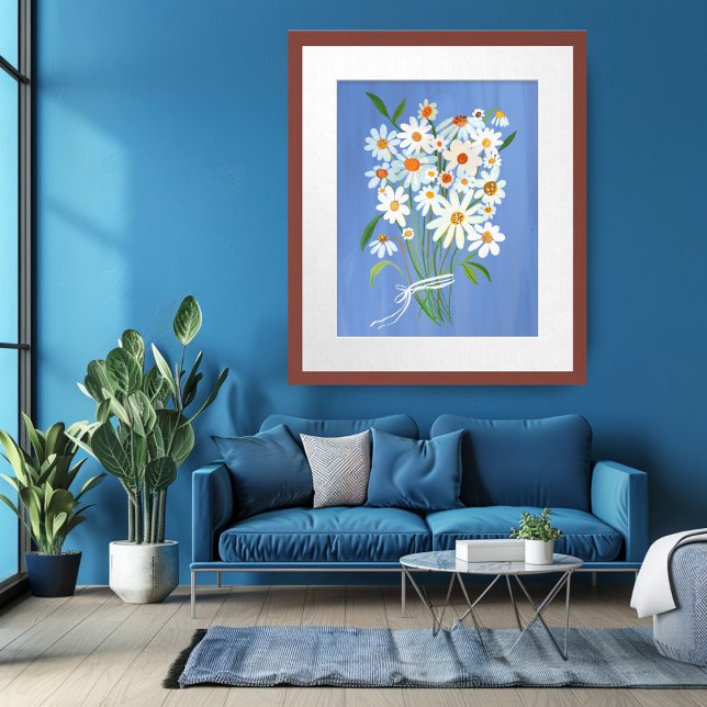 White Daisy Bouquet on Blue Gouache Painting Art Poster (White Daisy Bouquet on Blue Gouache Painting Wall Art Poster
)