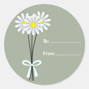 White Daisy Bouquet on Greenish Round Sticker