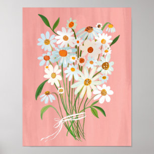 White Daisy Bouquet on Pink Gouache Painting Art Poster