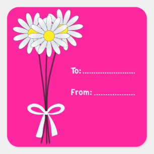 White Daisy Bouquet on Pink Square Sticker