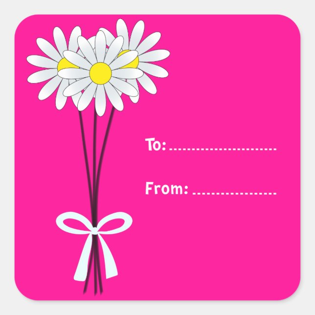 White Daisy Bouquet on Pink Square Sticker (Front)