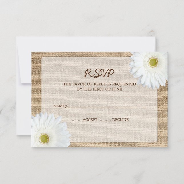 White Daisy Burlap Wedding RSVP Response Card (Front)