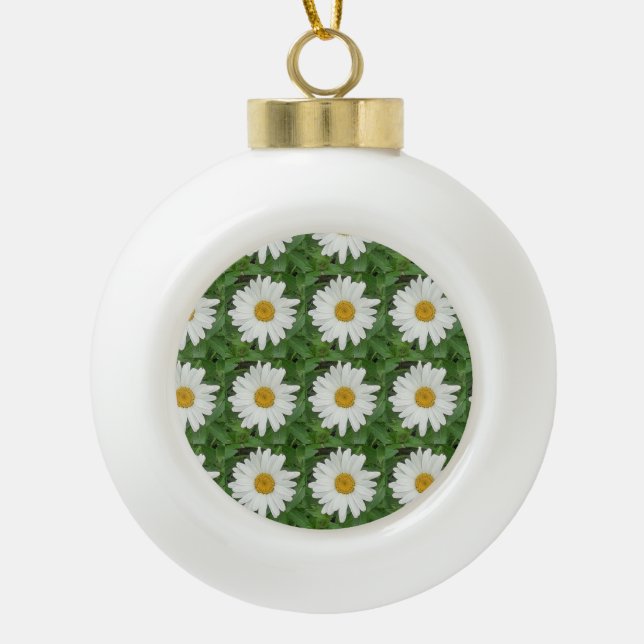 White Daisy Ceramic Ball Christmas Ornament (Front)