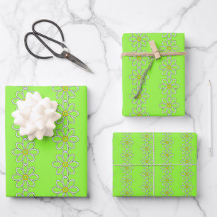 White daisy chain on lime green background wrapping paper sheet