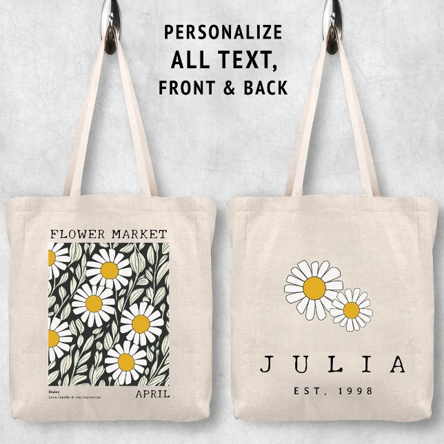 White Daisy Floral April Birth Flower Market Name Tote Bag (Personalized April Birth Flower Market Tote Bag, Custom Name Tote, Bachelorette Bridesmaid Gifts )