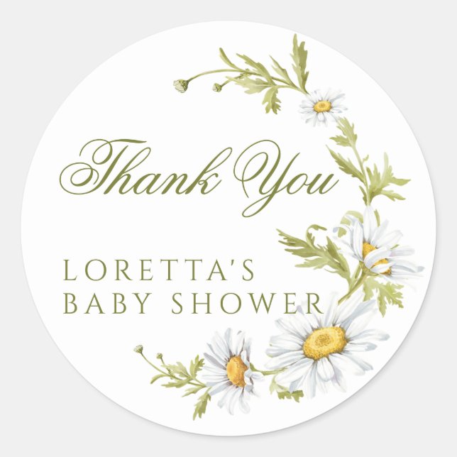 White Daisy Floral Baby Shower Thank You  Classic Round Sticker (Front)