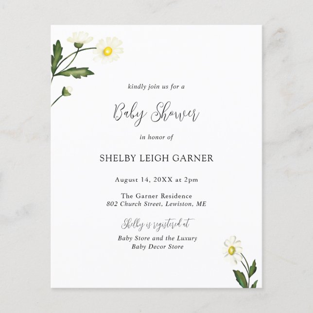 White Daisy Floral Budget Baby Shower Invitation (Front)