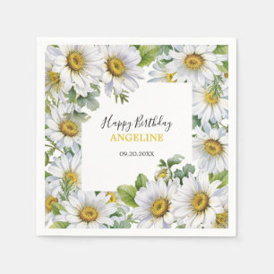 White Daisy Floral Greenery Birthday Napkin
