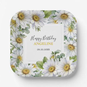 White Daisy Floral Greenery Birthday Paper Plate