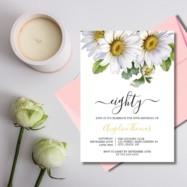 White Daisy Floral Greenery Script Birthday Invitation (Creator Uploaded)
