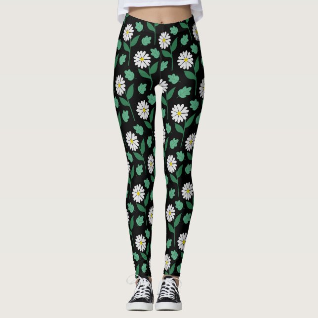 White daisy floral on black background leggings (Front)