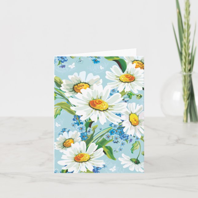 White Daisy Floral Pattern Blue Note Card (Front)