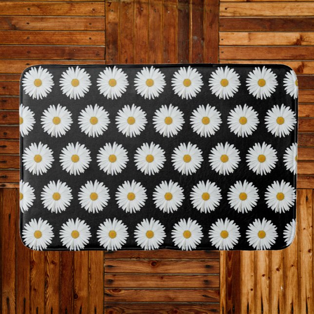 White Daisy Floral Pattern on Black Bath Mat (In Situ)