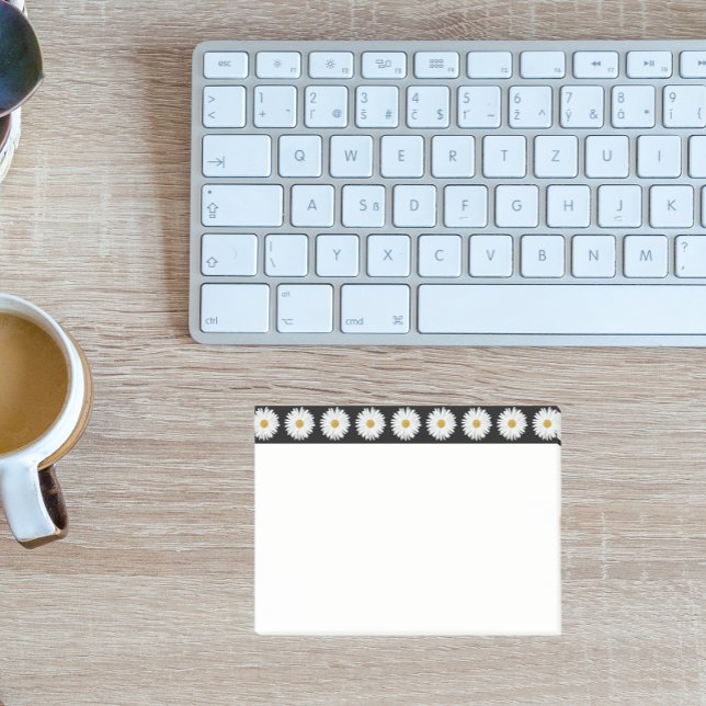 White Daisy Floral Pattern on Black Border Post-it Notes (In Situ)