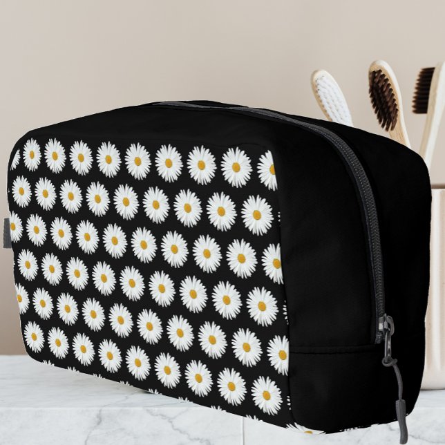 White Daisy Floral Pattern on Black Dopp Kit (In Situ)