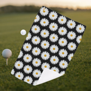 White Daisy Floral Pattern on Black Golf Towel