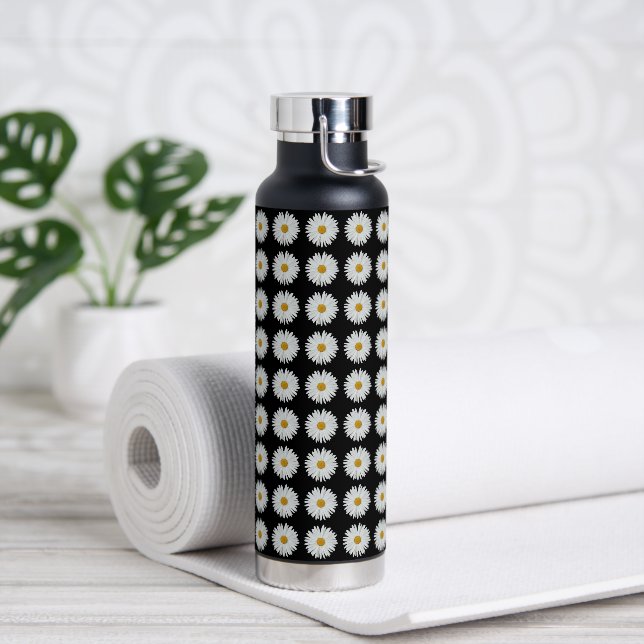 White Daisy Floral Pattern on Black Water Bottle (Yoga)