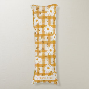 White Daisy Floral Pattern on Yellow Gingham (2) Body Cushion