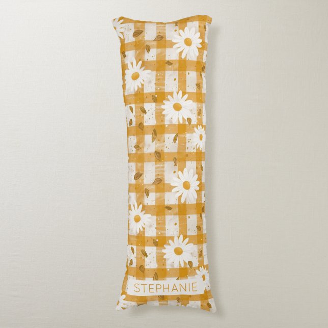 White Daisy Floral Pattern on Yellow Gingham (2) Body Cushion (Front Vertical)