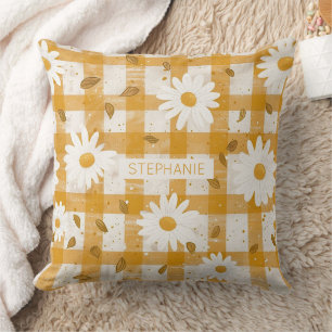 White Daisy Floral Pattern on Yellow Gingham (2) Cushion