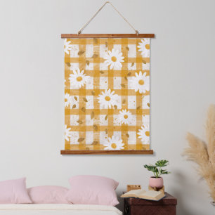 White Daisy Floral Pattern on Yellow Gingham (2) Hanging Tapestry
