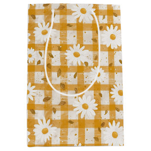 White Daisy Floral Pattern on Yellow Gingham (2) Medium Gift Bag