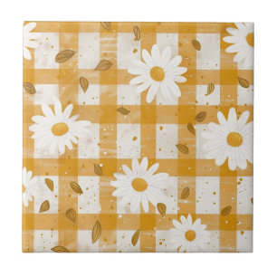 White Daisy Floral Pattern on Yellow Gingham (2) Tile
