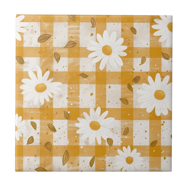 White Daisy Floral Pattern on Yellow Gingham (2) Tile (Front)