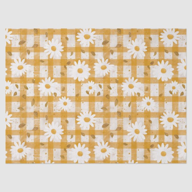White Daisy Floral Pattern on Yellow Gingham (2) Tissue Paper (Front)