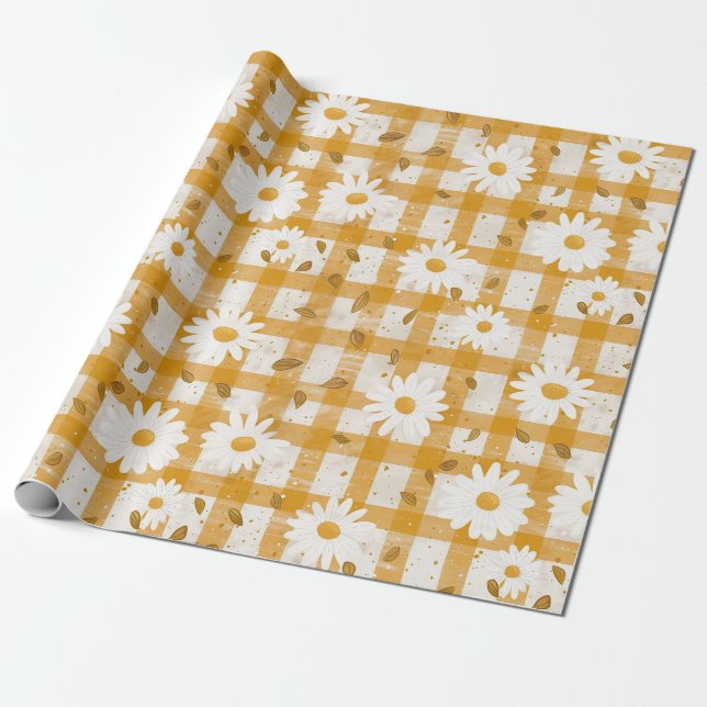 White Daisy Floral Pattern on Yellow Gingham (2) Wrapping Paper (Unrolled)