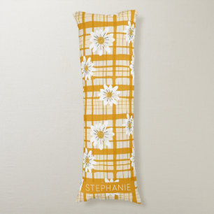 White Daisy Floral Pattern on Yellow Gingham Body Cushion
