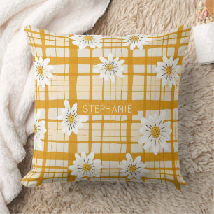 White Daisy Floral Pattern on Yellow Gingham Cushion