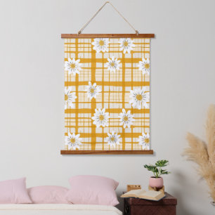 White Daisy Floral Pattern on Yellow Gingham Hanging Tapestry