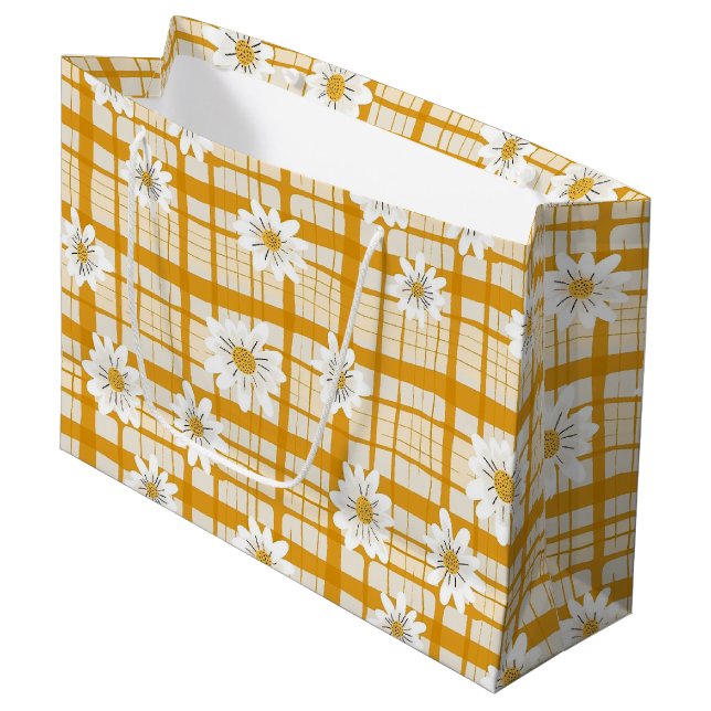 White Daisy Floral Pattern on Yellow Gingham Large Gift Bag (Front Angled)