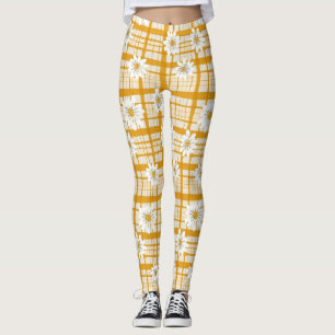 White Daisy Floral Pattern on Yellow Gingham Leggings