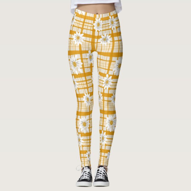 White Daisy Floral Pattern on Yellow Gingham Leggings (Front)