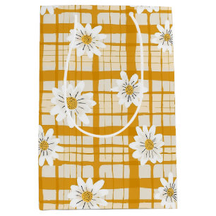 White Daisy Floral Pattern on Yellow Gingham Medium Gift Bag