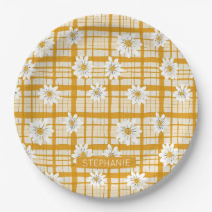 White Daisy Floral Pattern on Yellow Gingham Paper Plate