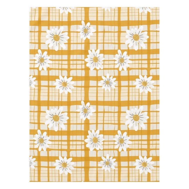 White Daisy Floral Pattern on Yellow Gingham Tablecloth (Front)