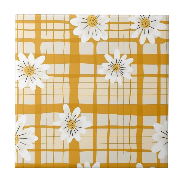 White Daisy Floral Pattern on Yellow Gingham Tile (Front)