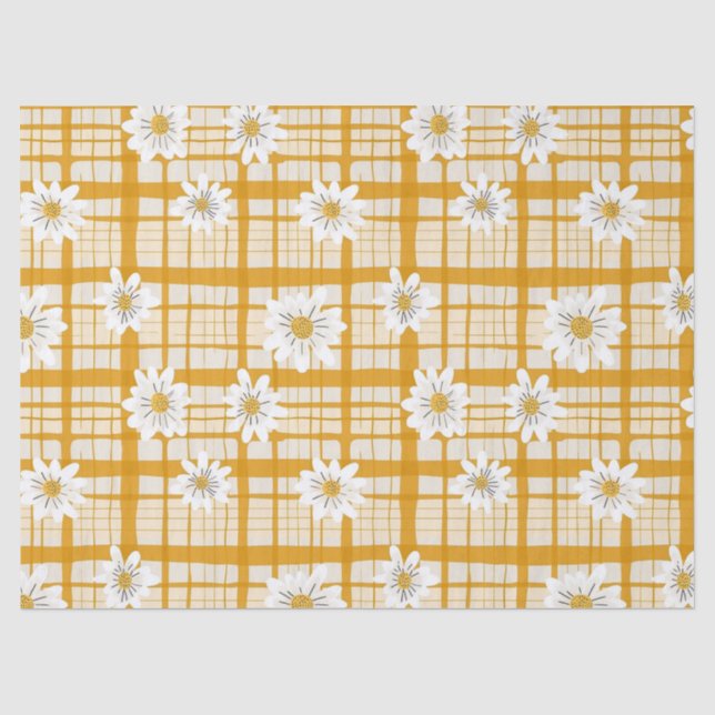 White Daisy Floral Pattern on Yellow Gingham Tissue Paper (Front)